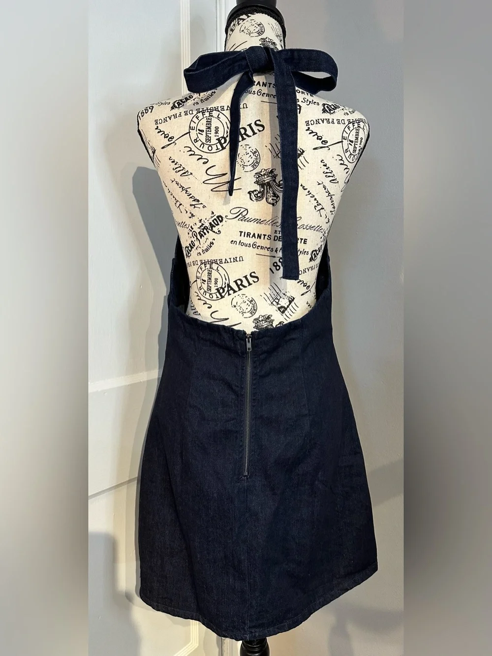 NWT FREE PEOPLE Trevi Denim Deep Plunge Halter Mini Dress Rinse Blue Size M - Picture 7 of 16